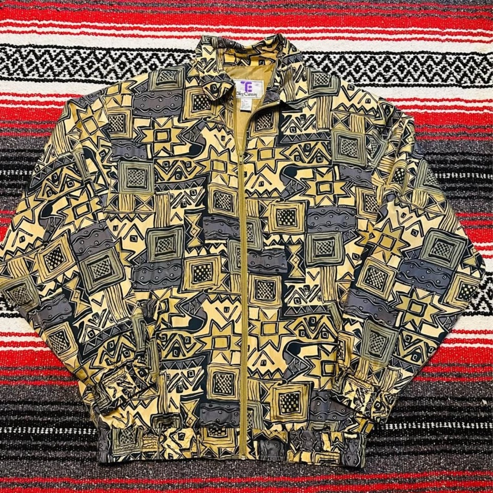 Oleg Cassini Geometric Windbreaker - Black and Tan